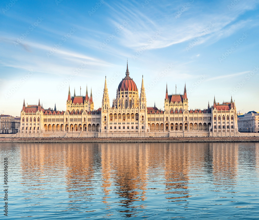 Hungarian Parliament Building with reflection in Danube river at sunset, Budapest, Hungary