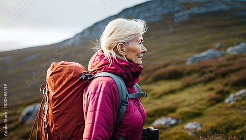 senior woman at highland walking on mountain trail, elderly outdoor activity, Generative Ai not real person