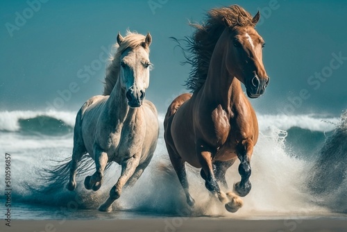 Majestic Arabian Horses Running in Waves on Beach AI Generated