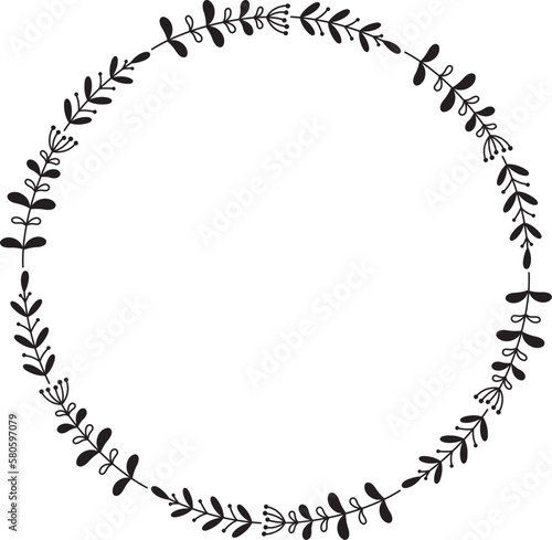 Hand drawn round floral frame isolated on white background. Vector wreath with leaves in doodle style. 
