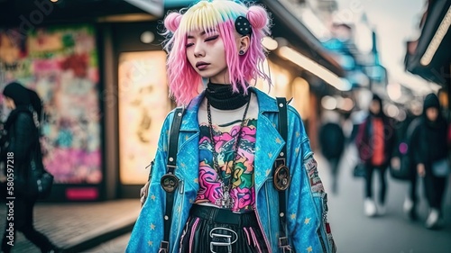 Japanese girl wearing mix modern contemporary clothes fashion style, Generative Ai