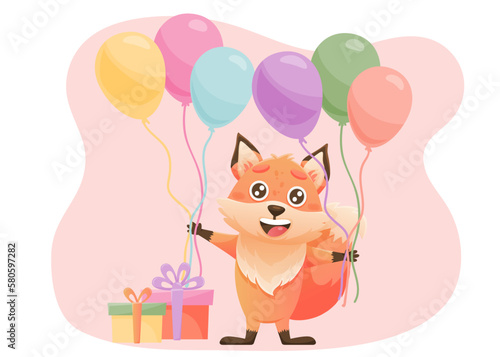 Cute cartoon fox character. Happy birthday greeting card. Birthday cake, presents, fox, balloons.