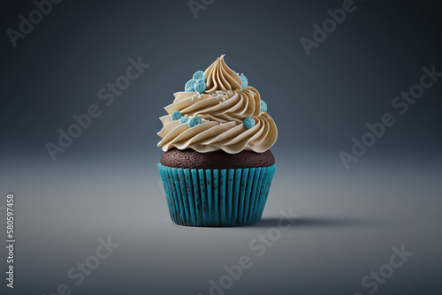a chocolate cupcake with whipped cream and blue sprinkles isolated on dark background. Created with Generative AI Technology