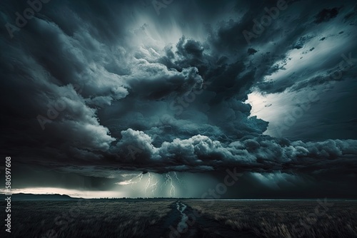 A thunderstorm approaching, with dark and foreboding clouds resembling curtains that obscure the sky. Generative AI