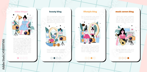 Video blogger mobile application banner set. Viral content in the internet.