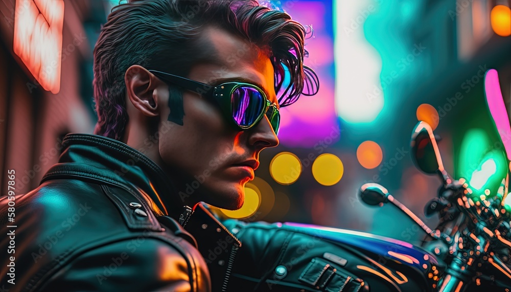 close up handsome man with street bokeh light, cyber punk biker style, generative Ai not real person