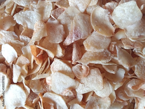 close up of taro chips that have been fried but not yet seasoned
