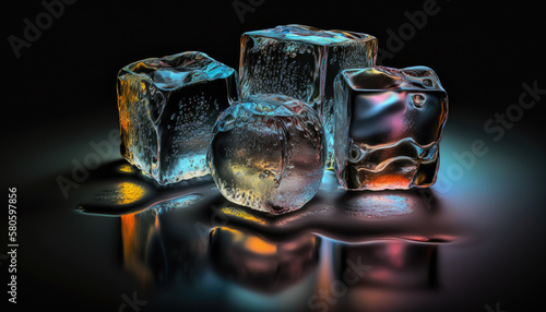 wet ice cubes on solid black background created with generative AI technology