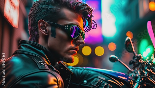close up handsome man with street bokeh light, cyber punk biker style, generative Ai not real person