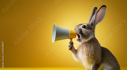 Rabbit is holding megaphone on yellow background. Generative AI.