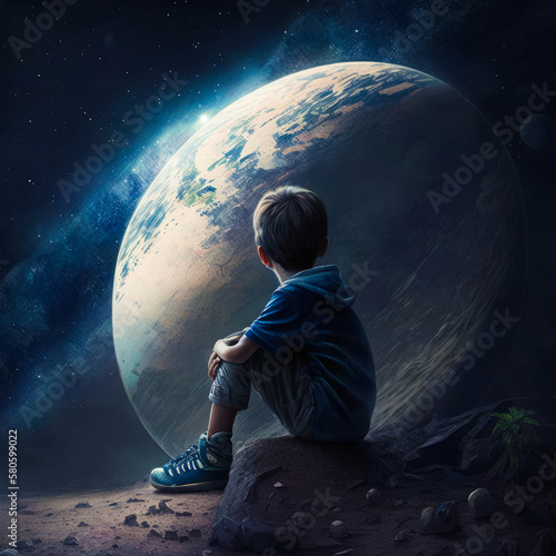 Boy sitting on rock looking at the earth. Generative AI.