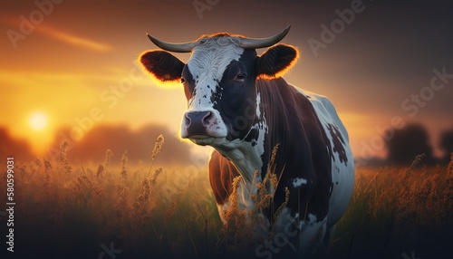 black white pattern cow with morning light, Generative Ai