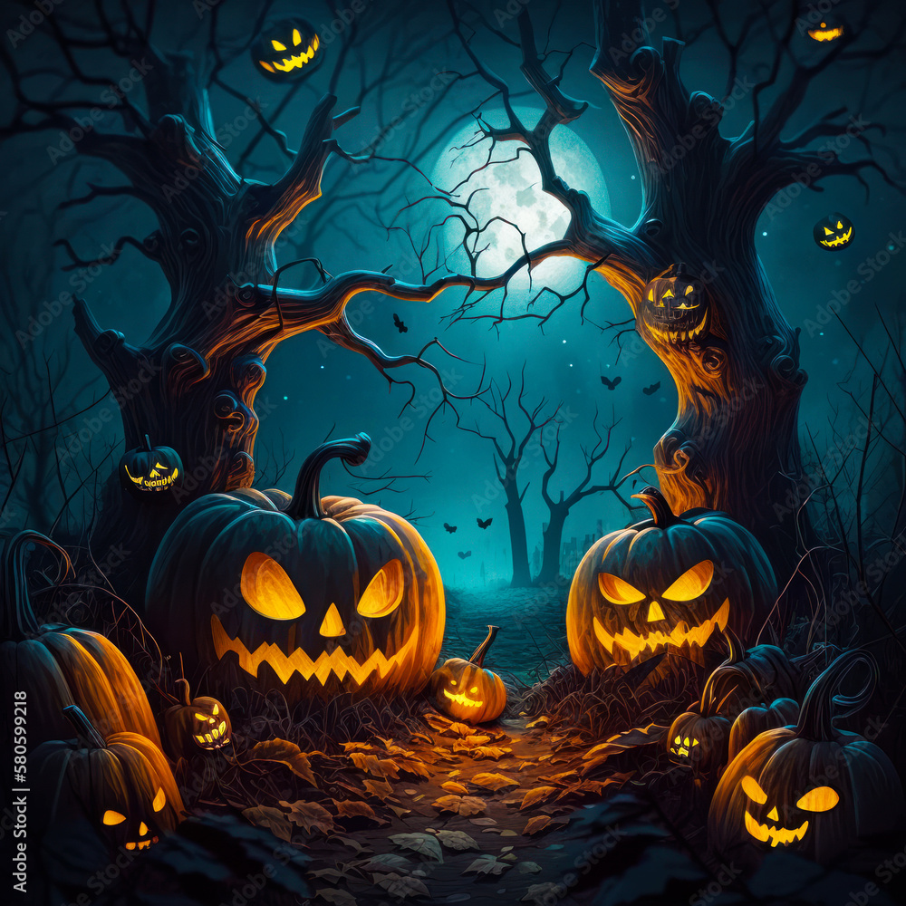 Scary halloween background with pumpkins and trees. Generative AI.