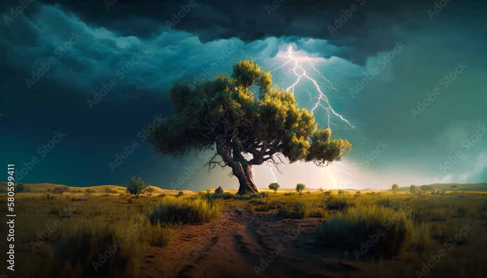An image of tree in the middle of field with lightning. Generative AI.