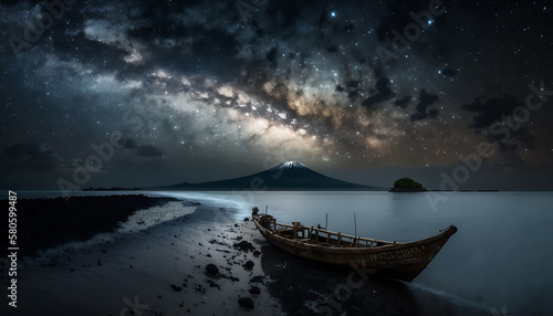 Monsoon Season at Bali Menjangan Island with milky way in starry night, generative ai