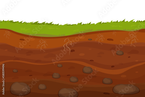 Soil, ground with layers, grass roots and stones, earth sections in cartoon style isolated on white background.