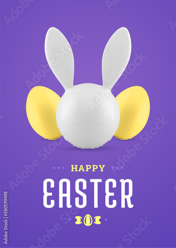 Happy Easter rabbit chicken eggs 3d greeting card holiday congrats design template realistic vector illustration