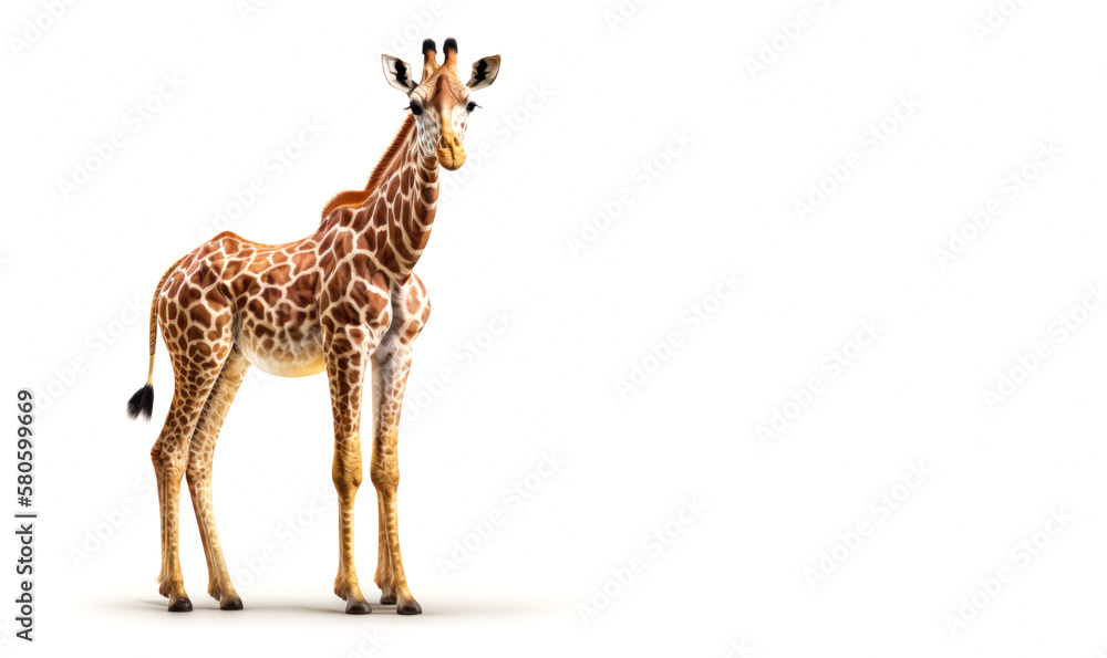 Giraffe is standing on white background. Generative AI.