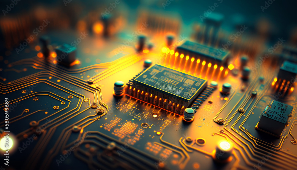 Close up image of an electronic circuit board. Generative AI.