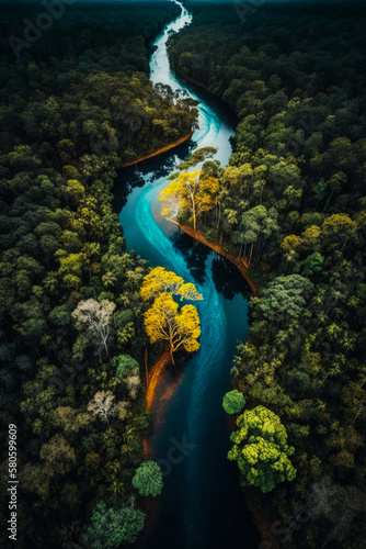 An aerial view of river in the jungle. Generative AI.