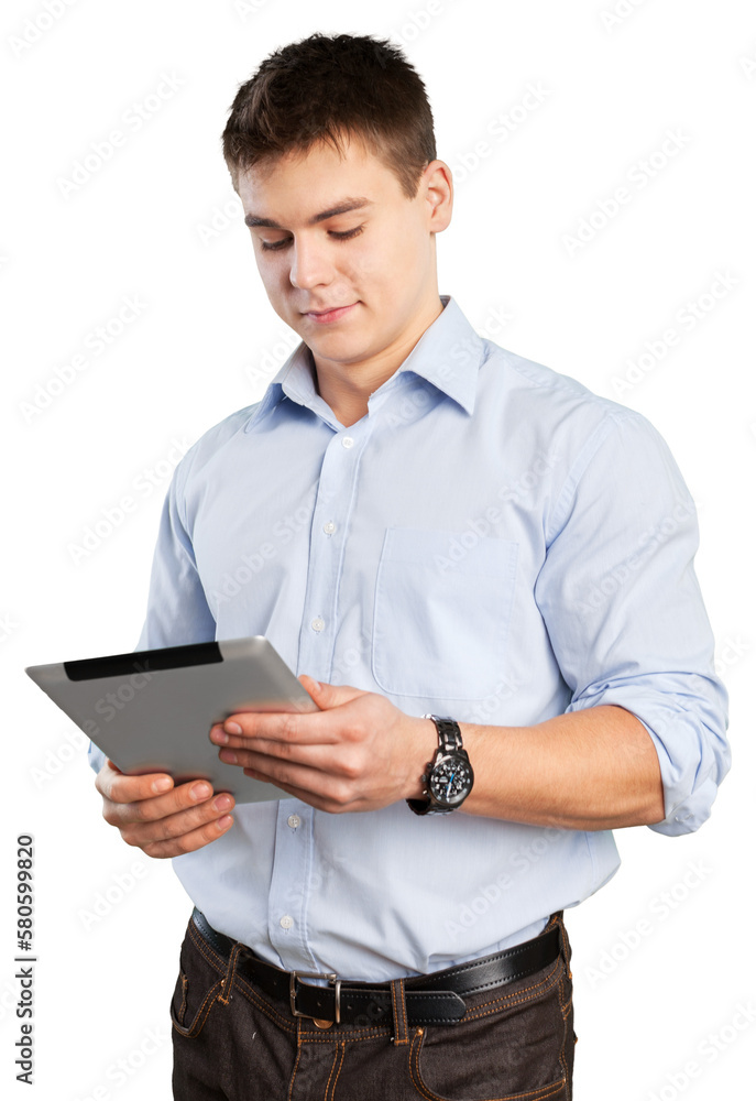 Happy young male student using a digital tablet Happy young male student using a digital tablet
