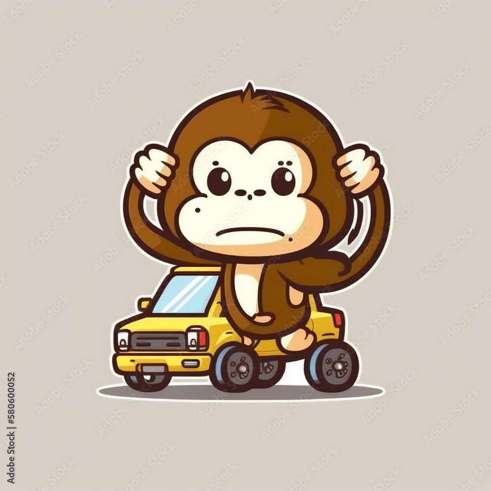 Monkey with toy car, cute animal, premium vector art, illustration, flat cartoon design, Generative AI