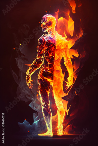 An image of man in flames and fire. Generative AI.