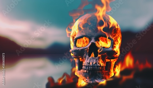 skull burning on fire, Generative Ai
