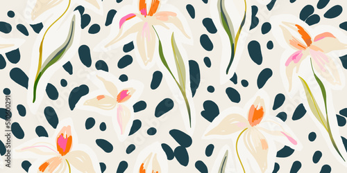 Slika na platnu Hand drawn cute artistic flowers with dots print