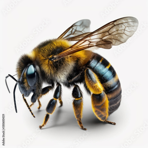 Bee is shown on white background. Generative AI. © valentyn640