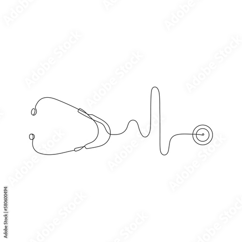 Medical stethoscope in the form of a heart beat. One line art. Equipment for examining patient heart beat condition. Health care, medical concept. Hand drawn vector illustration.