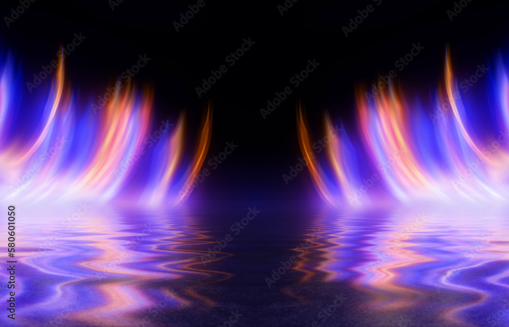 Dark fractal, abstract background. Bright neon lines, waves. Blurred laser shapes reflected on the water