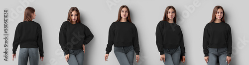Fotografía Set of a black sweatshirt on a dark-haired girl in jeans, mockup of a cropped canvas bella shirt, isolated on the background