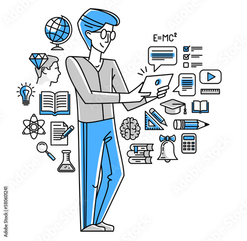 Online education in university or collage, student is doing homework or preparing for remote exam, vector outline illustration, distance study sciences and graduate.