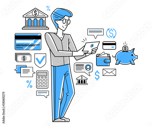 Online banking vector outline illustration, manager working with finances or customer manages his account with deposit or credit, e-banking.
