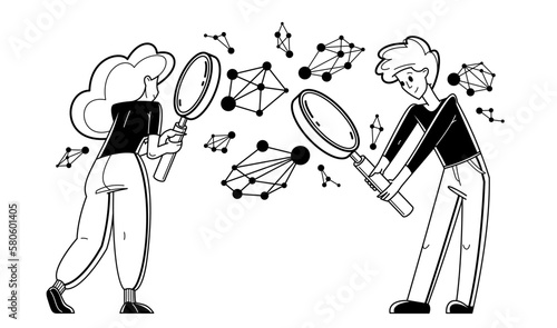 Scientists working on some science inquiry research or invention, discovering molecules and learning education, vector outline illustration, laboratory.