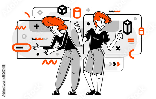 Creative workers doing some job and creating some system, inspired inventive designers or engineers composing abstract elements, vector outline illustration.