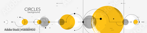 Geometric background with circles and lines vector art, abstract composition technical plan, flat minimal techno system.