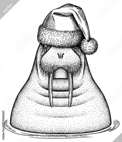 Vintage engrave isolated walrus set dressed christmas illustration ink santa costume sketch. Sea seal background arctic new year hat vector art