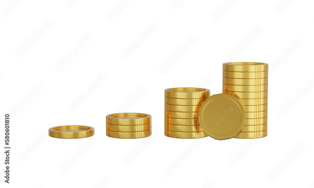 Coin stacks growing graph on white background. Business investment, Financial growth and saving money concept. 3d render illustration Coin stacks growing graph on white background. Business investment, Financial growth and saving money concept. 3d render illustration