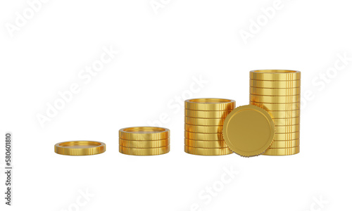 Coin stacks growing graph on white background. Business investment, Financial growth and saving money concept. 3d render illustration