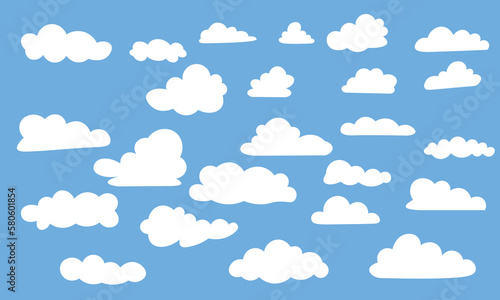 Simple cute cartoon cloud collection. Abstract white cloudy set on blue background vector illustration