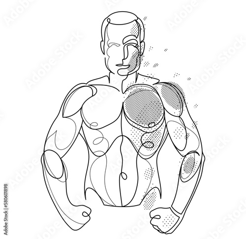 Linear drawing of a perfect body fit model man posing vector illustration isolated, muscular macho sexy guy with naked torso topless.