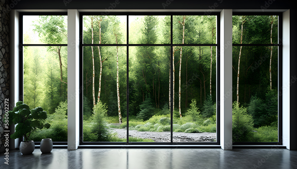glass window wall view nature theme | living room with nature behind
