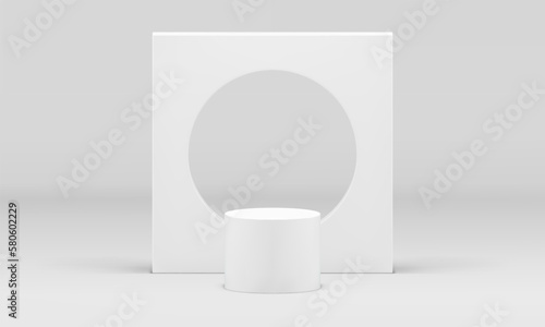 Pedestal geometric 3d stage white cylinder foundation wall round hole realistic vector illustration