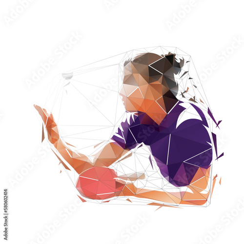 Table tennis serve, low polygonal woman playing table tennis. Isolated vector illustration. Ping pong female player
