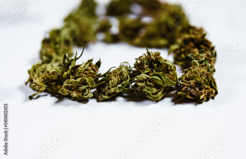marijuana flowers placed in a row on white background, legalization, thc, cbd, illegal, legal