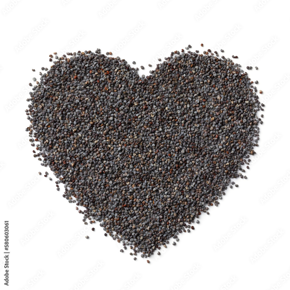 Black opium poppy seed in heart shape on white background Black opium poppy seed in heart shape on white background