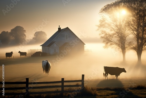 Early morning view of a Virginia farm at sunrise. The beautiful soft glow of the sun, illuminating a soft low-lying fog as cows graze in the field, AI genertaed