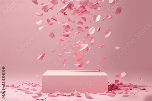 Empty podium with rose petals on a pink background, perfect for product demonstration or showcasing
